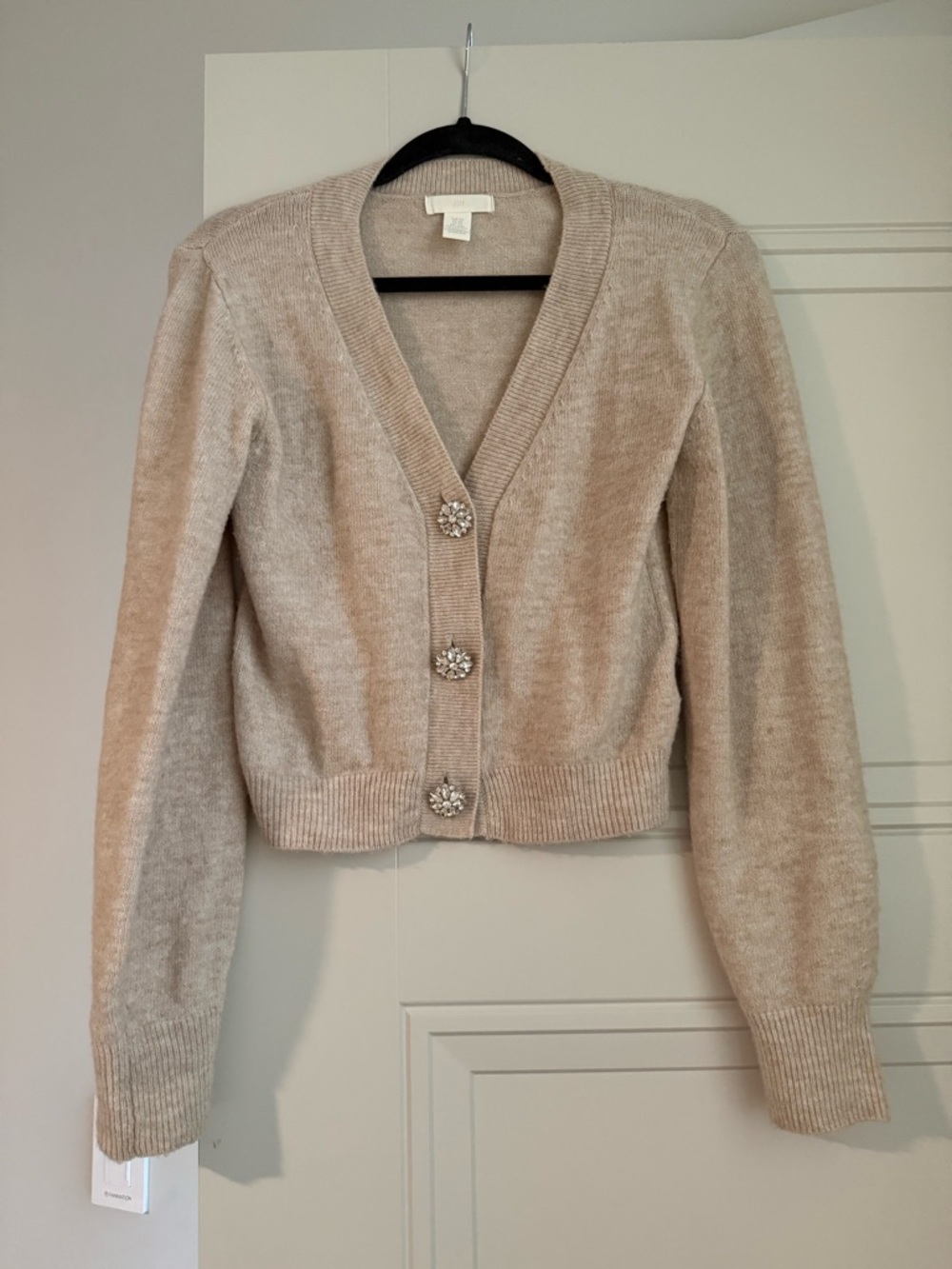 Beige V-Neck Cardigan with Jewel Buttons